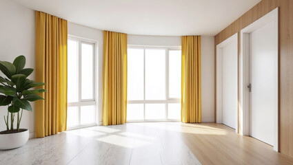 Modern room with yellow curtains and large windows