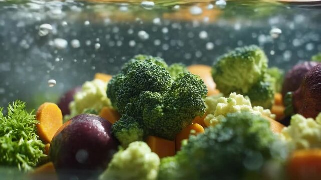 A close-up of broccoli and other colorful vegetables submerged in bubbly water.