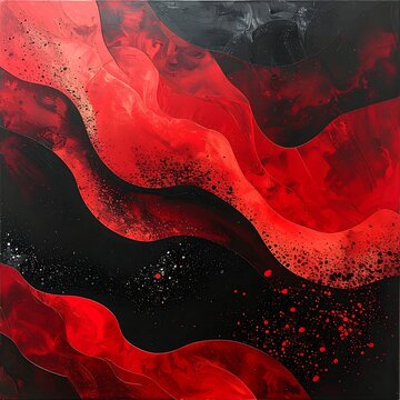 Abstract painting with red and black flowing forms.  Dynamic layers of color