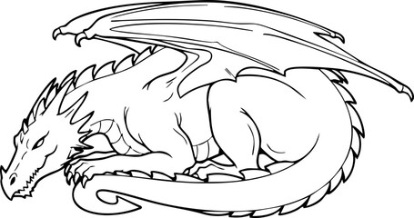 Majestic, powerful dragon resting with wings spread, a symbol of ancient strength and fantasy lore, perfect for mythical storytelling and epic designs. © Vectors Studio