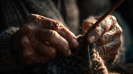 Cozy handmade knitwear with grandmother's loving hands crafting warmth and comfort, a timeless tradition creating beautiful textures with rustic charm