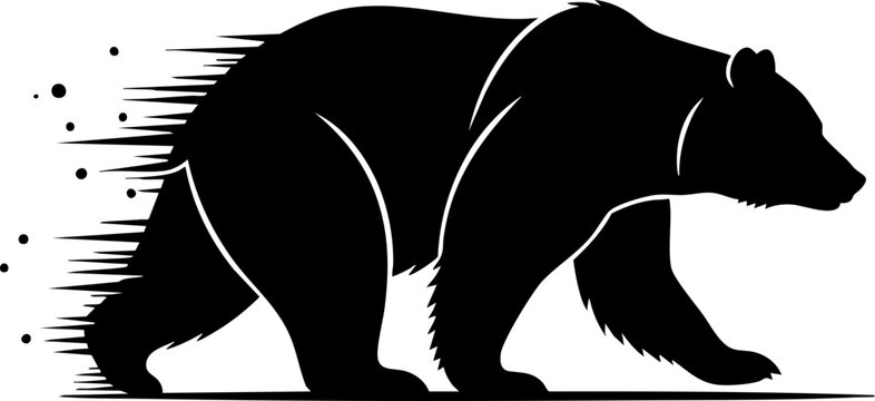 Dynamic black bear silhouette charging forward with motion blur effect, symbolizing power, speed, and primal energy for sports logos or brand identity.