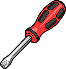 Angled Cartoon Screwdriver with Red Handle and Black Accents, Detailed Illustration