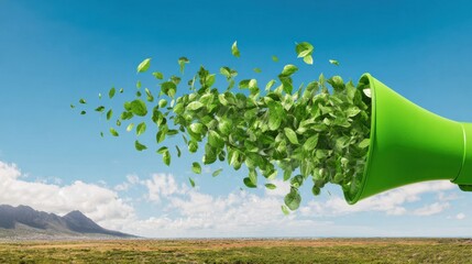 Modern Eco-Friendly Green Megaphone with Dynamic Leaf Motion Premium Environmental Awareness Banner for Sustainable Marketing Campaigns