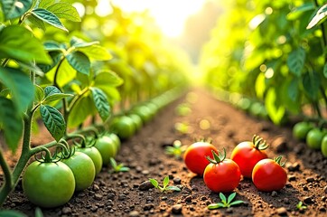 Fresh Red Tomatoes on Soil Field with Green Plants in Sunlight