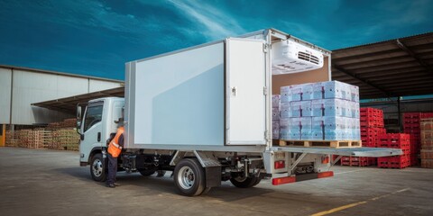 Professional Refrigerated Truck Loading Pallets of Chilled Goods in Industrial Warehouse for Modern Cold Chain Logistics Marketing Content