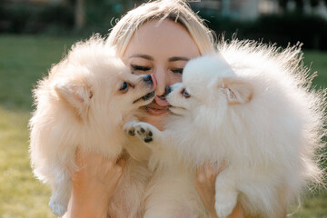 Woman with two fluffy white Pomeranian dogs