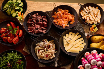 Variety of fresh foods displayed on a rustic wooden table