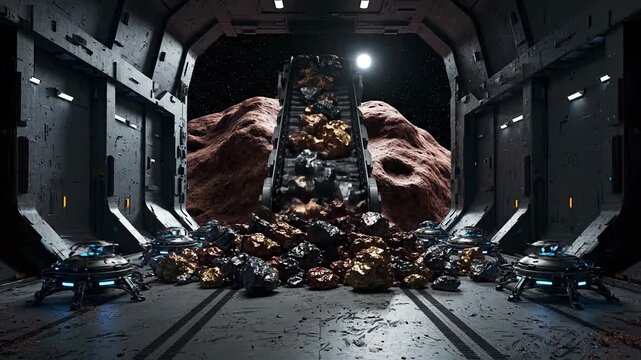 In a futuristic asteroid mining base, robots transport valuable resources while sleek spacecraft hover nearby.