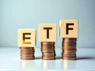 Stack of Coins with ETF Letters on Light Blue Finance Background