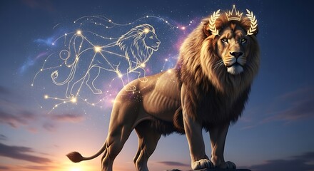 Regal Lion with Golden Crown and Leo Constellation in Cosmic Sky