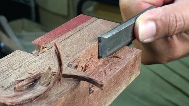 Carving grooves into a reddish wood with a chisel