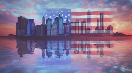 Stunning New York City Skyline with American Flag Overlay at Sunset Reflecting on Water