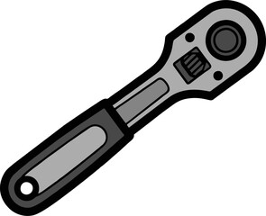 Angled Illustration of a Detailed Ratchet Wrench with Black Outlines and Gray Tones