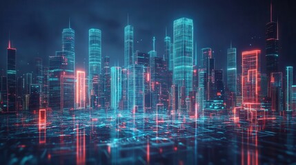 Futuristic Neon Cityscape with Glowing Skyscrapers and Digital Grid in a Cyberpunk Style at Night