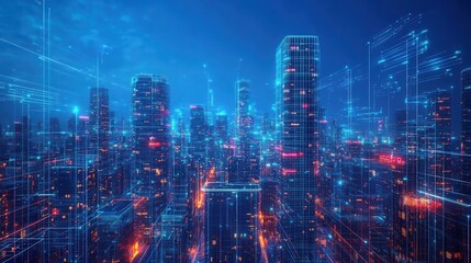 Futuristic Digital Cityscape with Neon Lights and Skyscrapers Under a Starry Night Sky