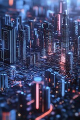 Futuristic Neon Cityscape with Glowing Skyscrapers and Digital Grid in a Nighttime Urban Environment