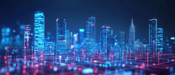 Futuristic Neon Cityscape with Glowing Skyscrapers and Digital Grid in a Nighttime Urban Environment