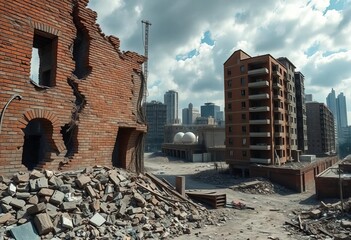 Crumbling brick walls, shattered windows, debris-strewn streets, ravaged cityscape, destroyed building, attack