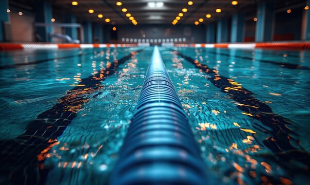 A blue swimming pool with a blue lane marker - Powered by Adobe