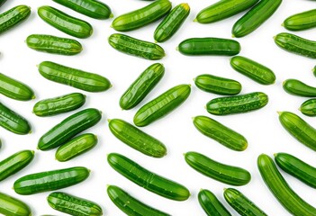 Infinite repeating pattern of green cucumbers on white background, bright, repeat