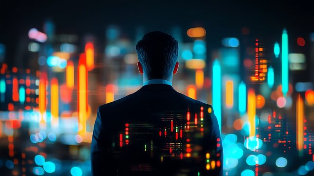 Businessman contemplating future in city lights.