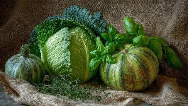 A rustic still-life featuring green pumpkins, a head of cabbage, leafy greens, thyme and basil on burlap.