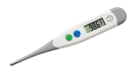 Digital thermometer displaying 98.6°F fever temperature isolated PNG with Transparent Background
