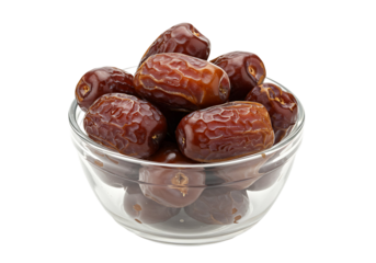 A glass bowl filled with sweet and chewy dates isolated on transparent background, a healthy and delicious treat for any time of day
