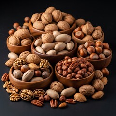 Assorted Nuts in Wooden Bowls.