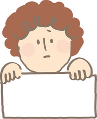 Crayon hand drawn style flat vector worried child with curry hair hold type blank space. People hold sign speech bubble for text word. Doodle comic kid simple vector illustration. Message student