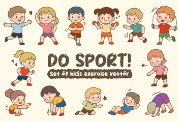 Set variety of flat cartoon kids character do different sport vector isolated on white background. Hand drawn style school child stretching exercise. Girl and boy in physical exercises. jump run