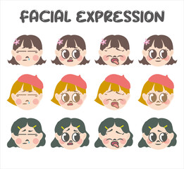 Cute girl head with variety funny facial expression vector set. Cartoon doodle style kids character emotion. Comic colorful boring calm surprise worry yuck female student face emoji collection. 