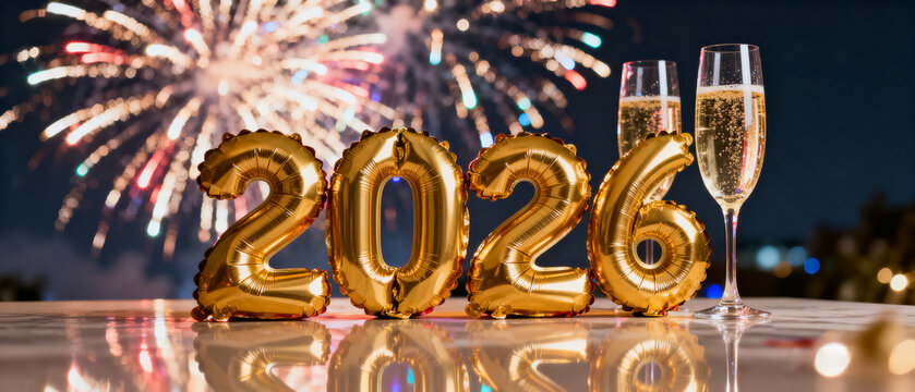 Golden "2026" balloons and two tall glasses filled with champagne. The brilliant fireworks bloomed, creating a festive atmosphere.Generated by AI
 - Powered by Adobe