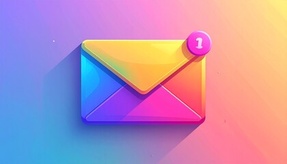 Digital Communication Concept: Colorful Glossy Envelope with New Message Notification Icon on a Gradient Background