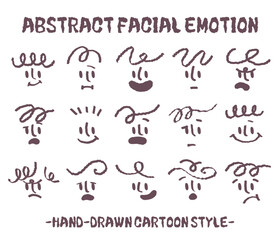 Abstract flat face with variety cute and funny facial expression set. Cartoon doodle style round character emotion. Comic colorful happy, calm, worry, angry, anxiety, smile face with line draw hair