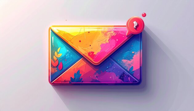 Vibrant, Artistic Email Notification Icon with Red Heart Alert. Digital Communication, New Message, or Connection Concept on White Background.