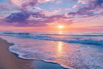 Fototapeta premium Sunrise over a tranquil beach. Pastel hues paint the sky and ocean