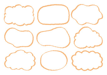 Collection of yellow out line cute dialog box. Hand drawn with crayon drawing memo sticker. Doodle style chat frame for text. Cartoon conversation balloon. Set of speech bubbles in flat short message.
