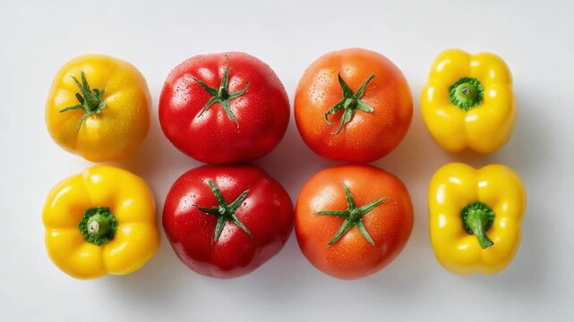 Yellow bell peppers and red and orange tomatoes arranged in two rows on a white surface.