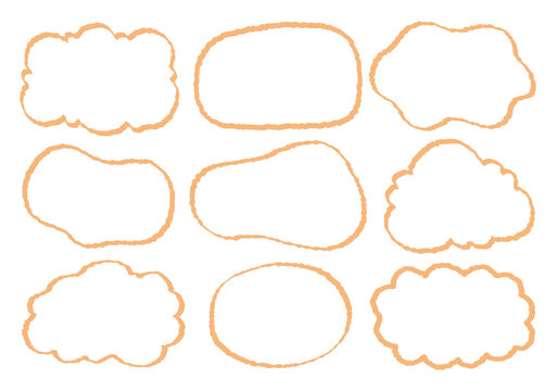 Collection of yellow out line cute dialog box. Hand drawn with crayon drawing memo sticker. Doodle style chat frame for text. Cartoon conversation balloon. Set of speech bubbles in flat short message.