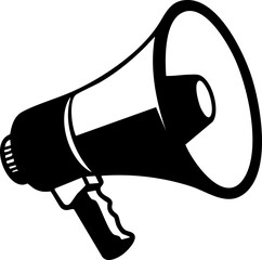 A stark black and white graphic depicts a megaphone angled upwards, its handle facing down, against a plain white background, creating a bold, attention-grabbing announcement.
