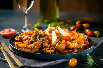 Italian pasta with meat sauce and wine