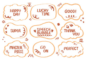 Comic style cute quote speech bubble with positive words. Set of hand drawn memo frame vector. Cartoon doodle crayon drawing cloud, box, message. Flat vector. Best, Awesome, WOW, Master, Piece, Go	
