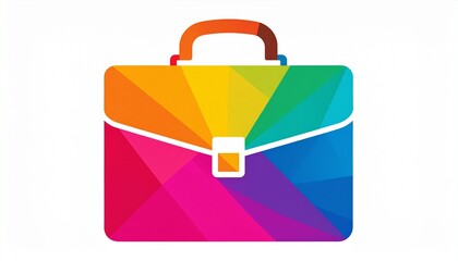 Vibrant geometric briefcase icon with rainbow colors. Modern polygonal business portfolio symbol for creativity, design, and professional concepts.
