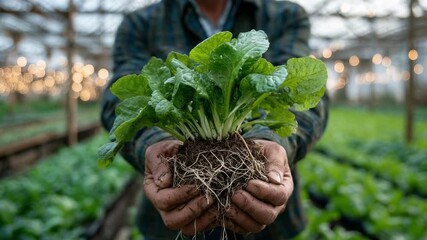 A person holding a young bok choy plant with its root ball in a greenhouse.