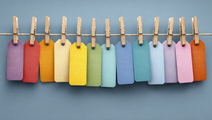Colorful tags hanging on a clothesline