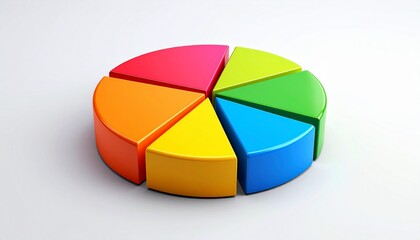 Vibrant 3D pie chart with colorful segments on a clean white background, representing data analysis, business strategy, and growth.