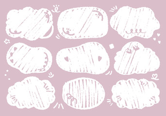 Set of hand drawn style cute memo sticker. Variety abstract shapes of pink speech bubble. Girl style frame with crayon draw. Chat box balloon cloud. Sweet retro label tag collection vector for text	
