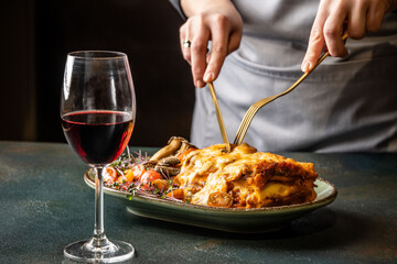 Homemade lasagna with red wine